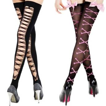 kilofly Black Thigh Highs Combo [Set of 2 Pairs] - Cross Net Back & Bowknots